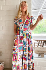 JAASE - Tabitha Maxi Dress: A Line Cap Sleeve Dress in Alice Print