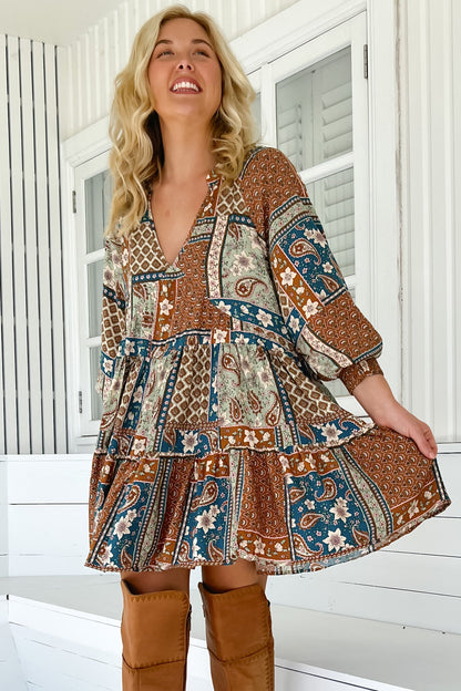 JAASE - Soul Mini Dress: Mandarin Collar V Neck Long Sleeve Smock Dress in Izabelle Print