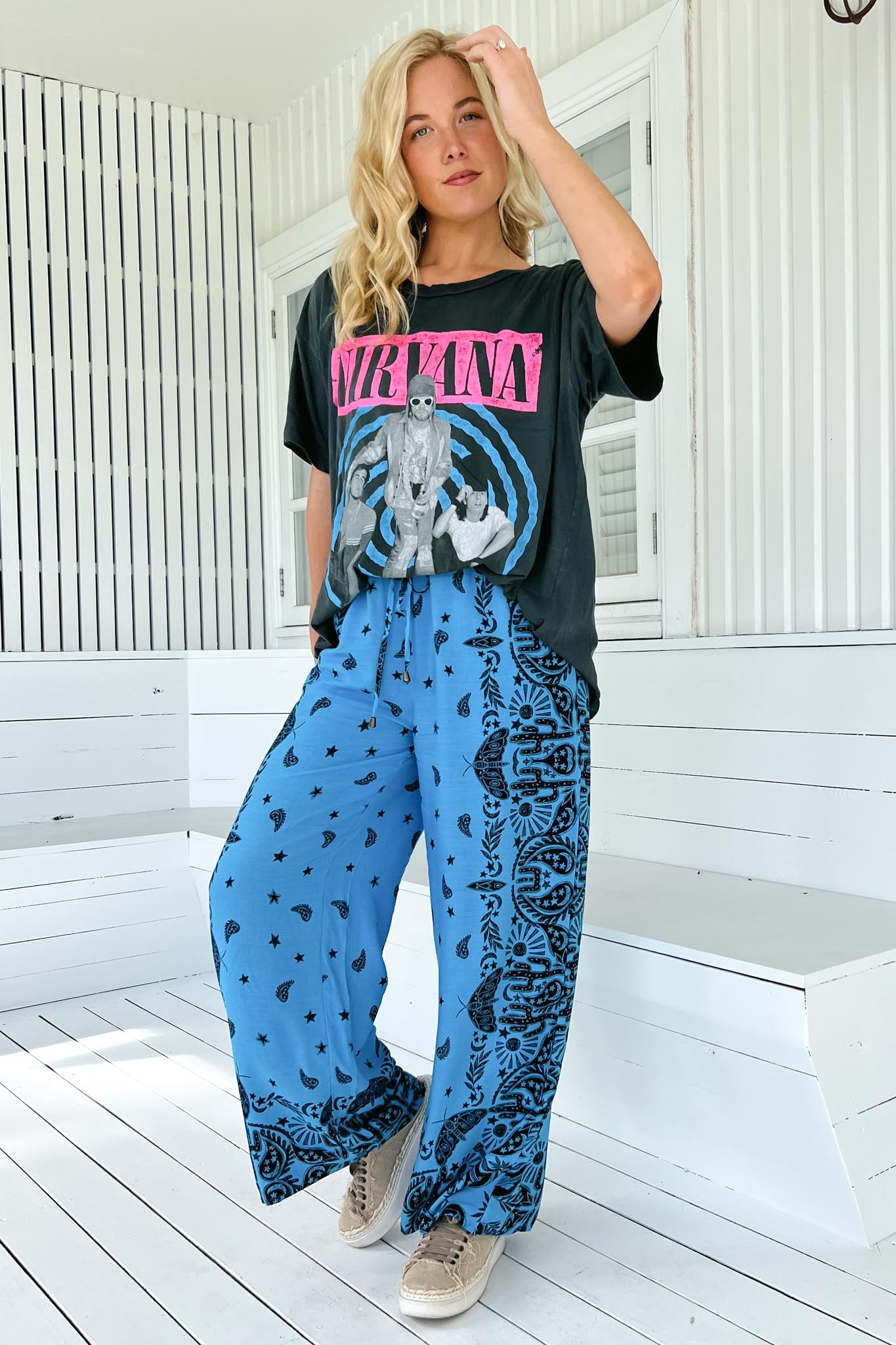 JAASE - Cici Pants: Mid Rise Relaxed Wide Leg Pant in Texas Sky Print