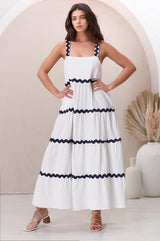 Bailie Maxi Dress - Rick Rack Detailed Sun Dress with Pockets in White