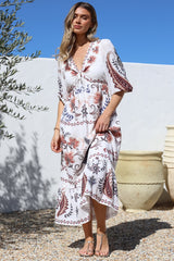Thanya Midi Dress - V-Neck with Tie Balloon Sleeve Tiered Dress in Magah Print
