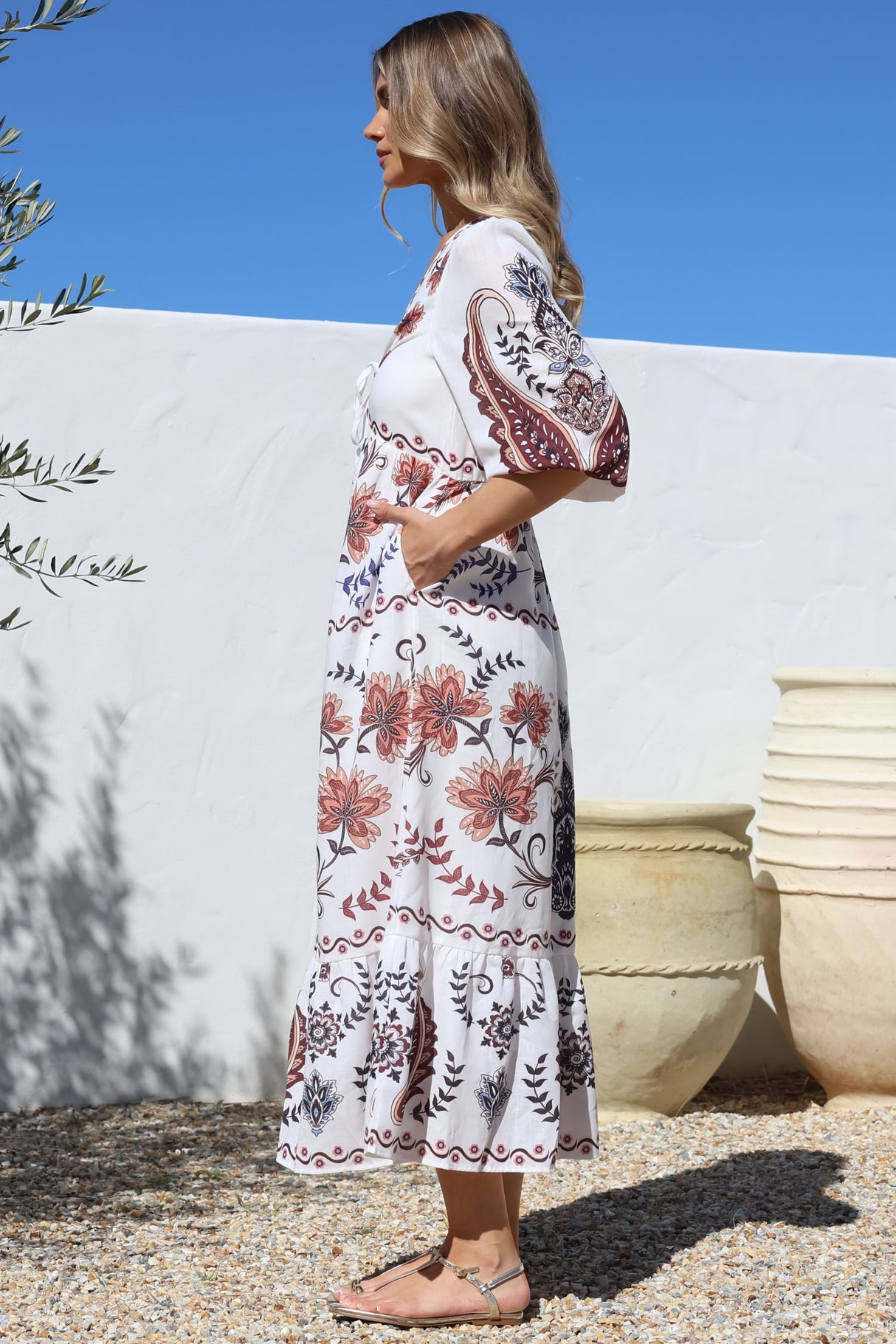 Thanya Midi Dress - V-Neck with Tie Balloon Sleeve Tiered Dress in Magah Print
