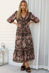 Thanya Midi Dress - V-Neck with Tie Balloon Sleeve Tiered Dress in Magah Print Brown