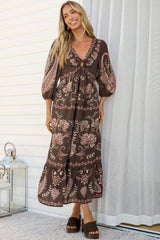 Thanya Midi Dress - V-Neck with Tie Balloon Sleeve Tiered Dress in Magah Print Brown