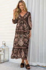 Thanya Midi Dress - V-Neck with Tie Balloon Sleeve Tiered Dress in Magah Print Brown