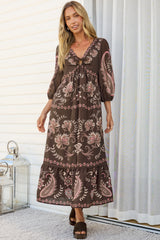 Thanya Midi Dress - V-Neck with Tie Balloon Sleeve Tiered Dress in Magah Print Brown