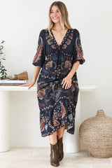 Thanya Midi Dress - V-Neck with Tie Balloon Sleeve Tiered Dress in Magah Print Navy