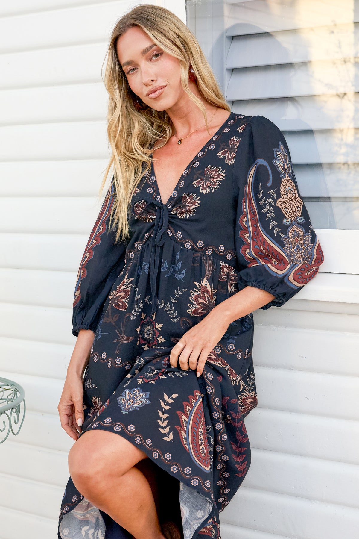 Thanya Midi Dress - V-Neck with Tie Balloon Sleeve Tiered Dress in Magah Print Navy