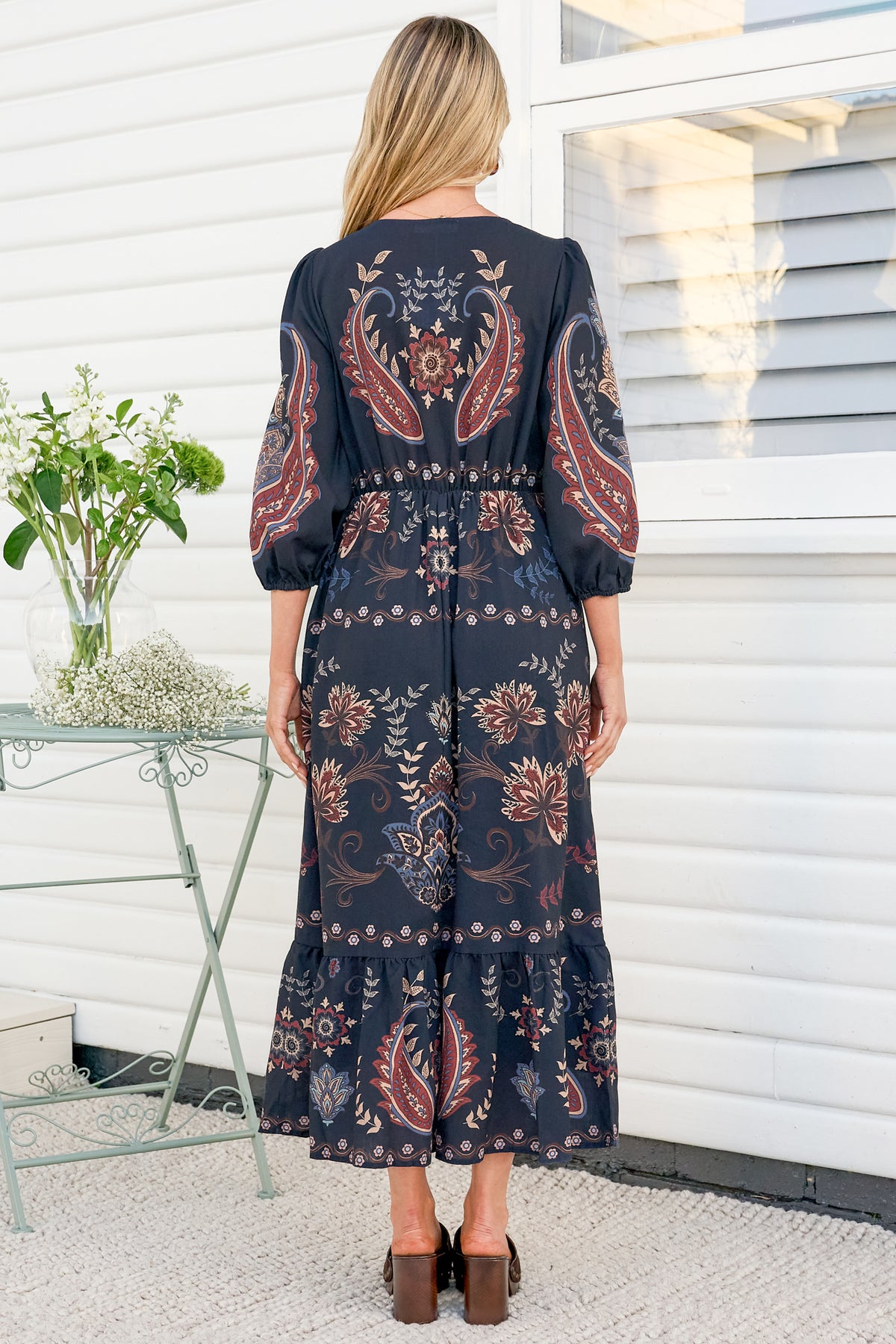 Thanya Midi Dress - V-Neck with Tie Balloon Sleeve Tiered Dress in Magah Print Navy