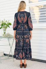 Thanya Midi Dress - V-Neck with Tie Balloon Sleeve Tiered Dress in Magah Print Navy