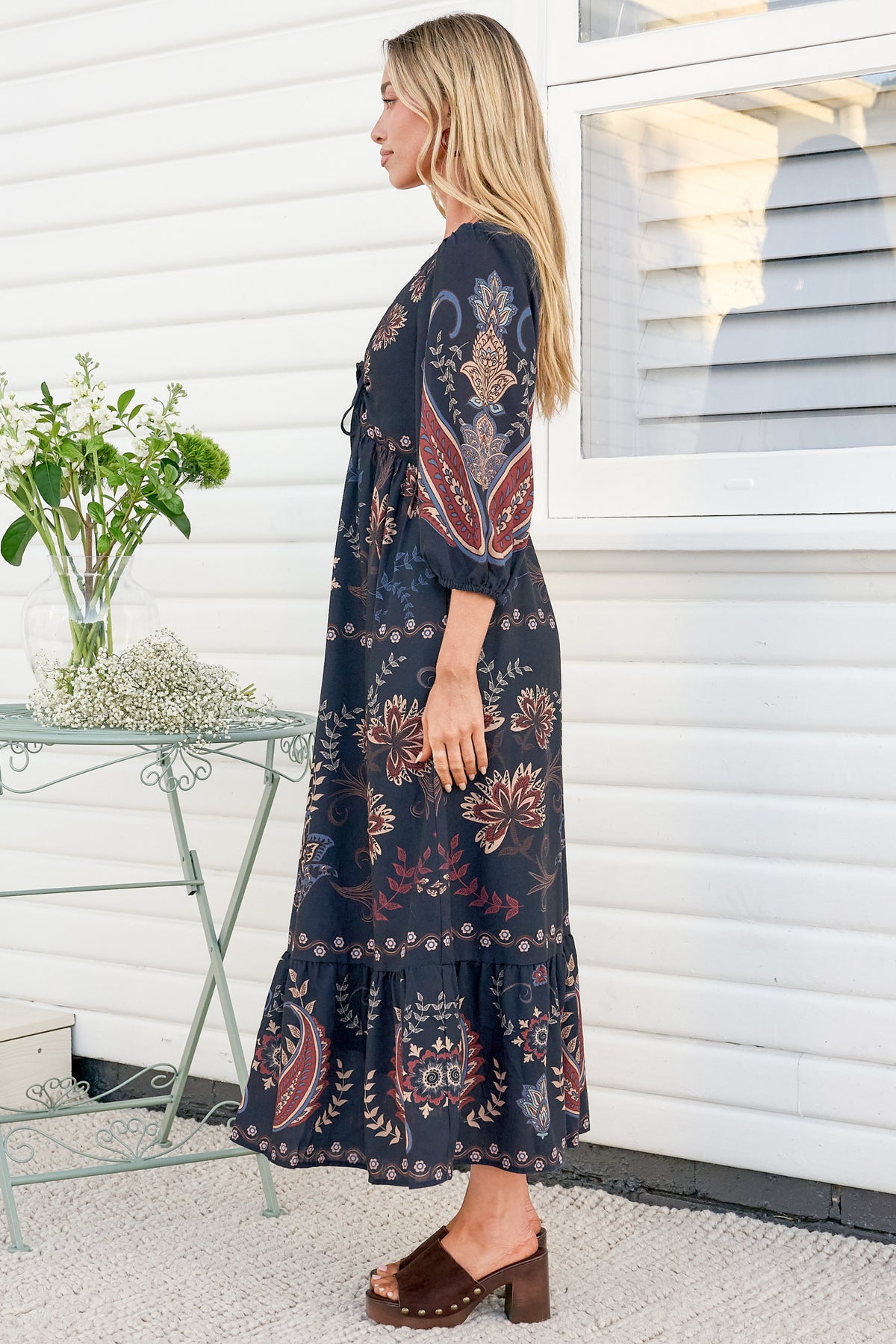 Thanya Midi Dress - V-Neck with Tie Balloon Sleeve Tiered Dress in Magah Print Navy