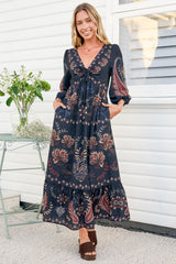 Thanya Midi Dress - V-Neck with Tie Balloon Sleeve Tiered Dress in Magah Print Navy
