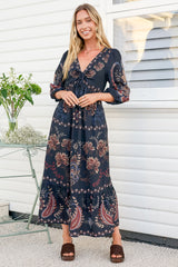 Thanya Midi Dress - V-Neck with Tie Balloon Sleeve Tiered Dress in Magah Print Navy