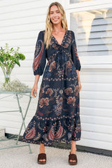 Thanya Midi Dress - V-Neck with Tie Balloon Sleeve Tiered Dress in Magah Print Navy