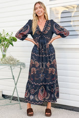 Thanya Midi Dress - V-Neck with Tie Balloon Sleeve Tiered Dress in Magah Print Navy
