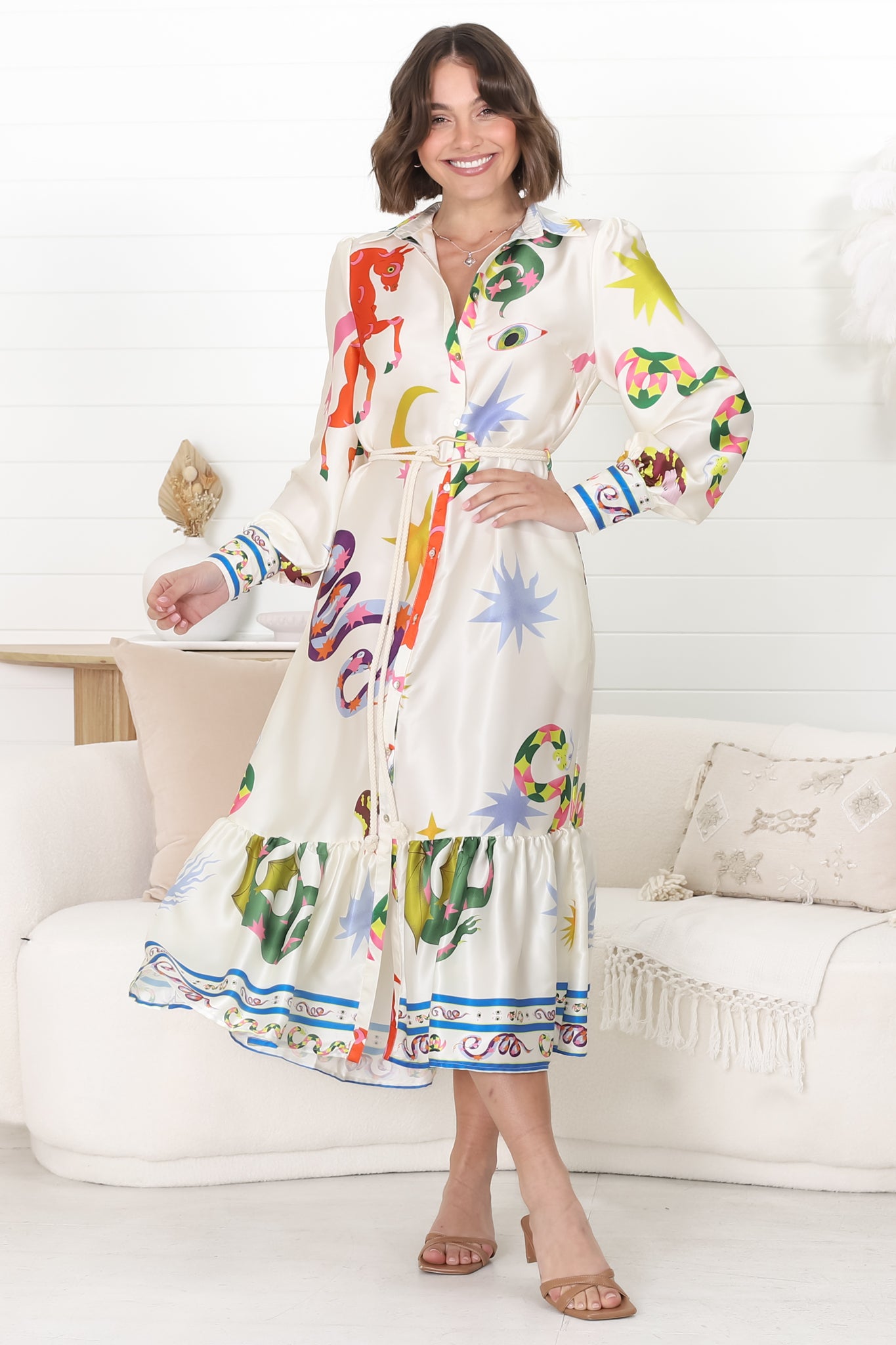 Thaya Maxi Dress - Collared Shirt Dress with Rope Belt in Leanne Print