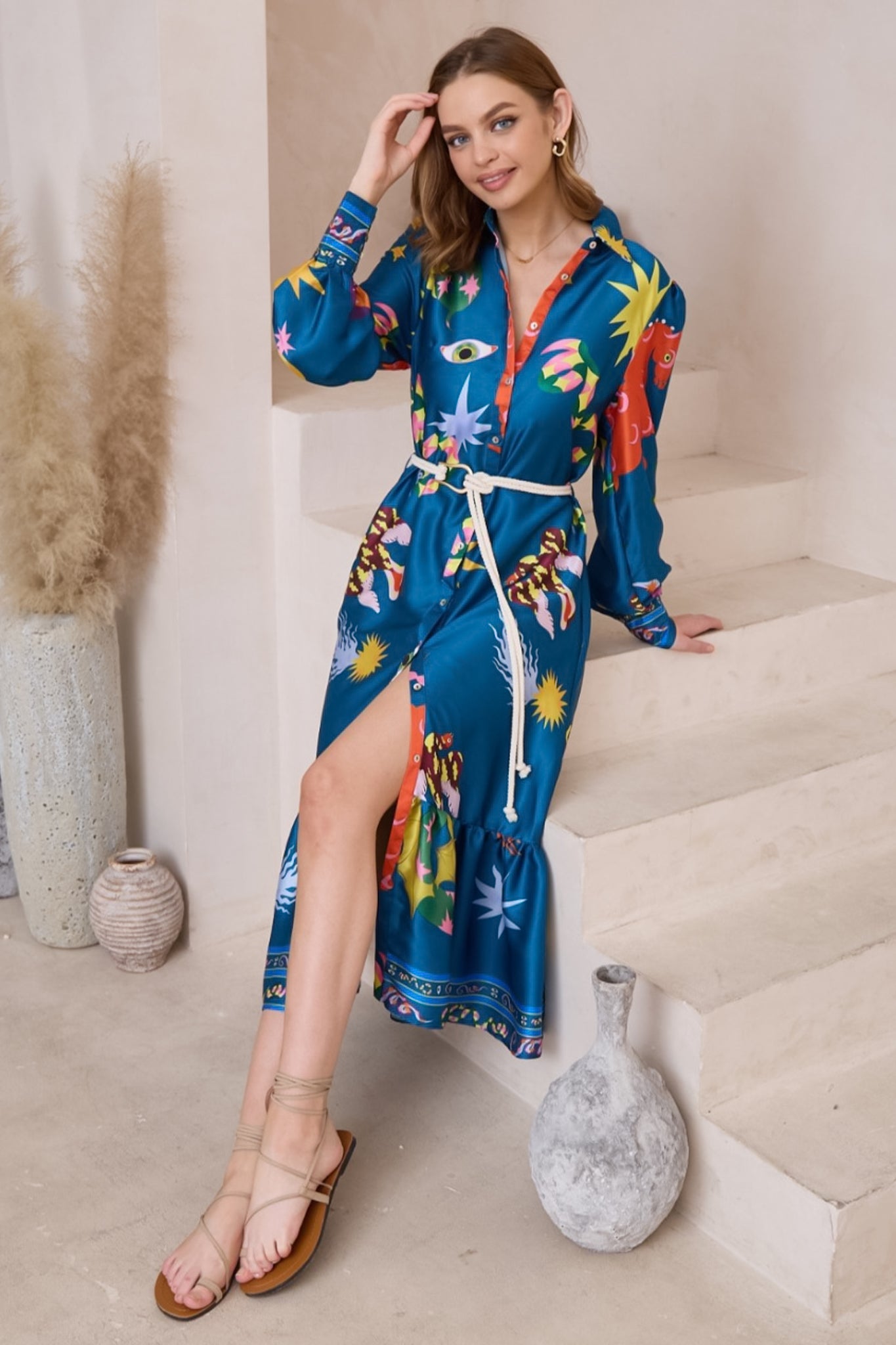 Thaya Maxi Dress - Collared Shirt Dress with Rope Belt in Leanne Print Blue