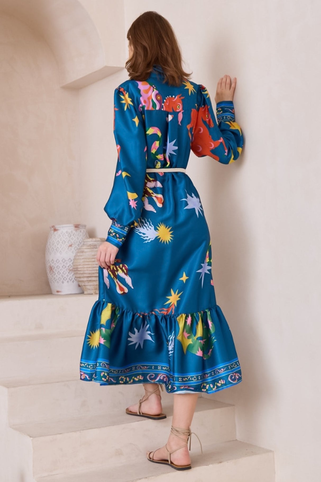 Thaya Maxi Dress - Collared Shirt Dress with Rope Belt in Leanne Print Blue