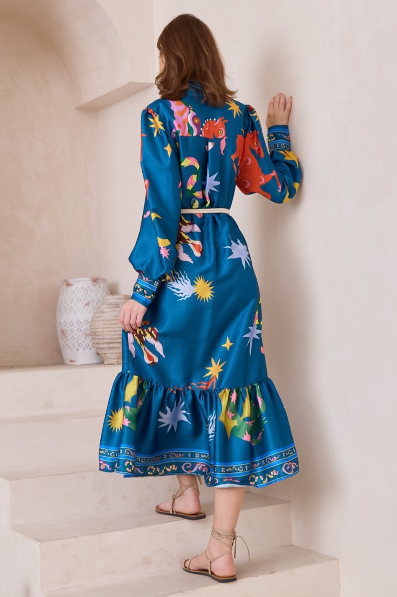 Thaya Maxi Dress - Collared Shirt Dress with Rope Belt in Leanne Print Blue