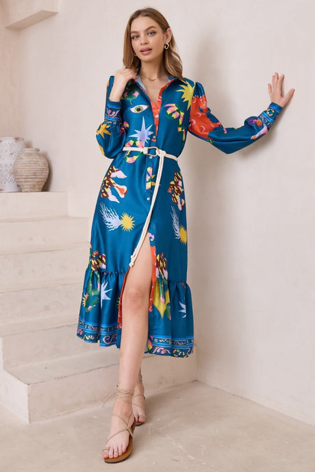 Thaya Maxi Dress - Collared Shirt Dress with Rope Belt in Leanne Print Blue