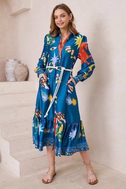 Thaya Maxi Dress - Collared Shirt Dress with Rope Belt in Leanne Print Blue