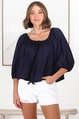 Thelma Top - Multiway Wear Pull In Neckline and Hemline Top in Navy