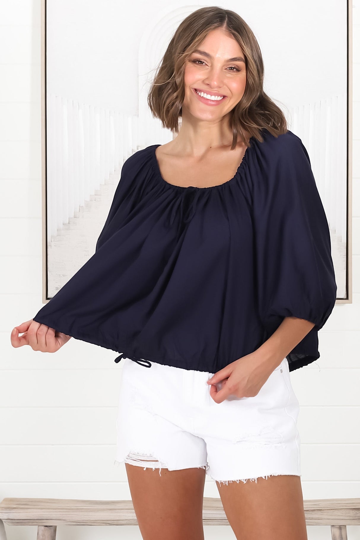 Thelma Top - Multiway Wear Pull In Neckline and Hemline Top in Navy