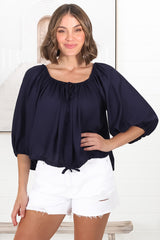 Thelma Top - Multiway Wear Pull In Neckline and Hemline Top in Navy