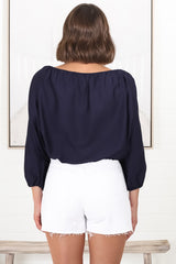 Thelma Top - Multiway Wear Pull In Neckline and Hemline Top in Navy