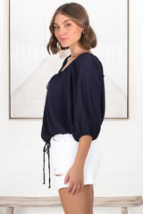 Thelma Top - Multiway Wear Pull In Neckline and Hemline Top in Navy