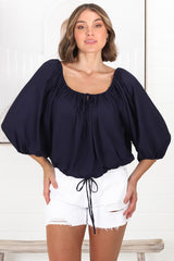 Thelma Top - Multiway Wear Pull In Neckline and Hemline Top in Navy