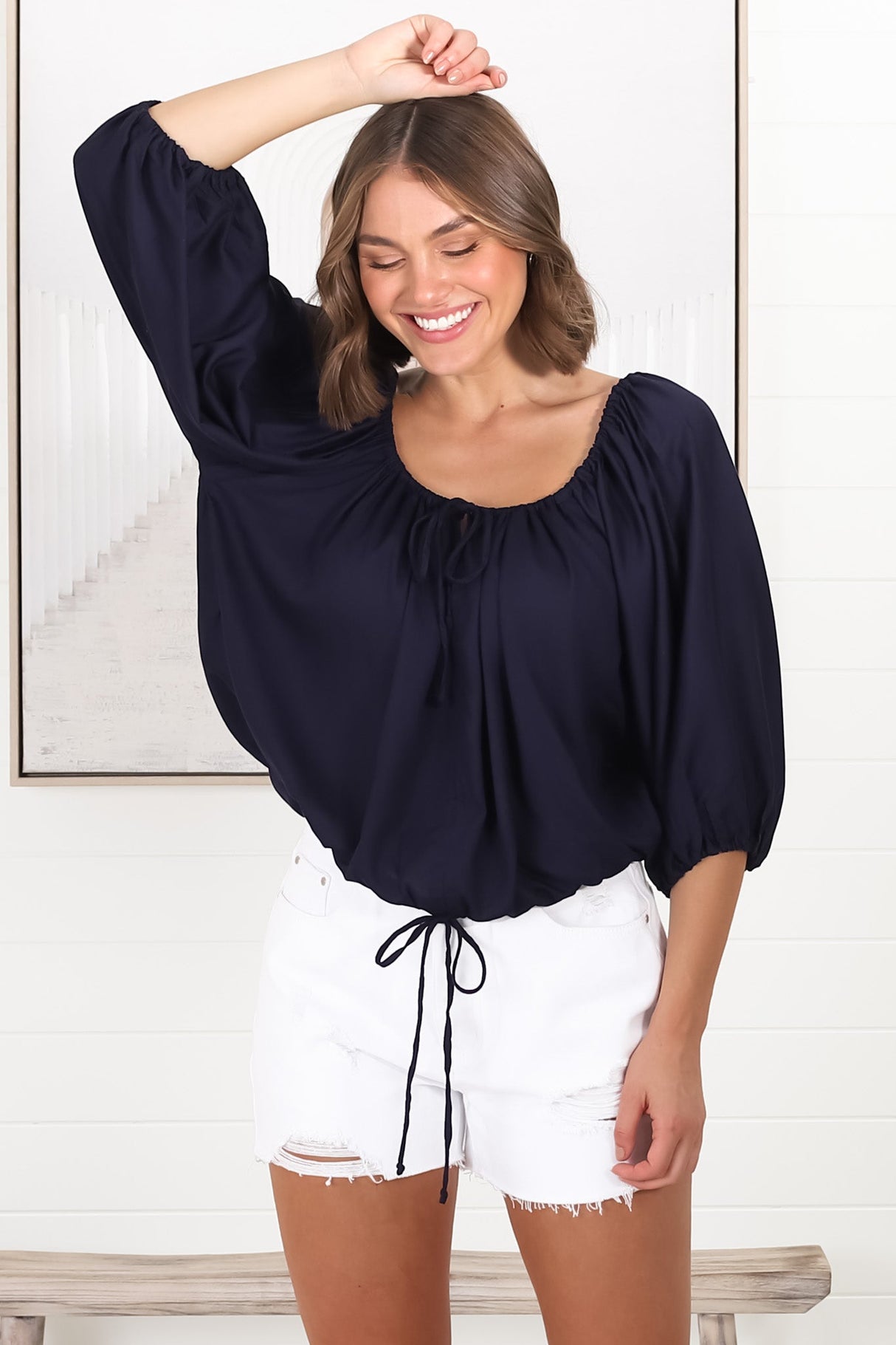 Thelma Top - Multiway Wear Pull In Neckline and Hemline Top in Navy