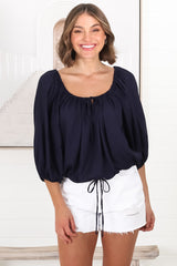 Thelma Top - Multiway Wear Pull In Neckline and Hemline Top in Navy