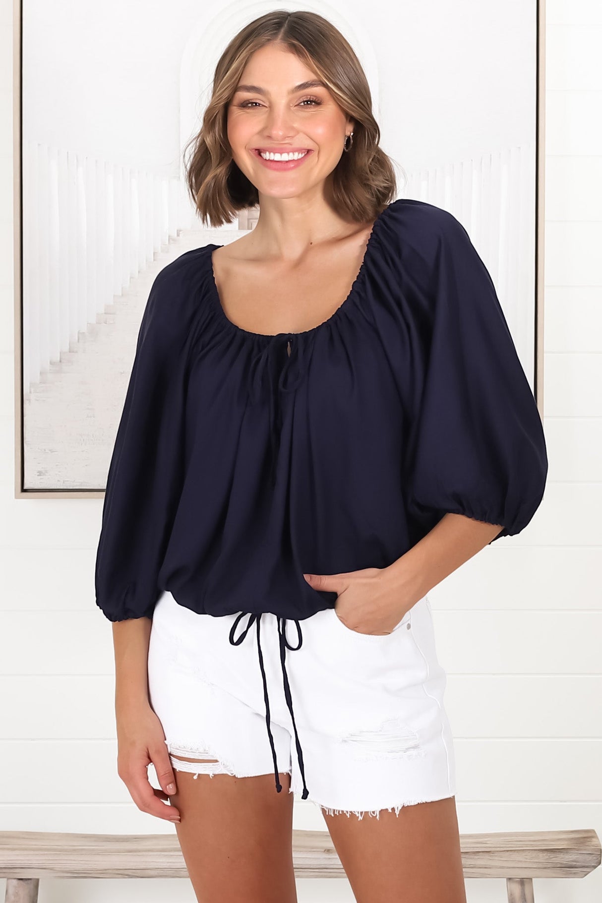 Thelma Top - Multiway Wear Pull In Neckline and Hemline Top in Navy