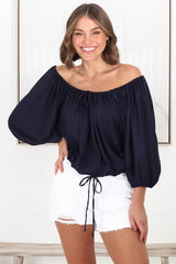 Thelma Top - Multiway Wear Pull In Neckline and Hemline Top in Navy