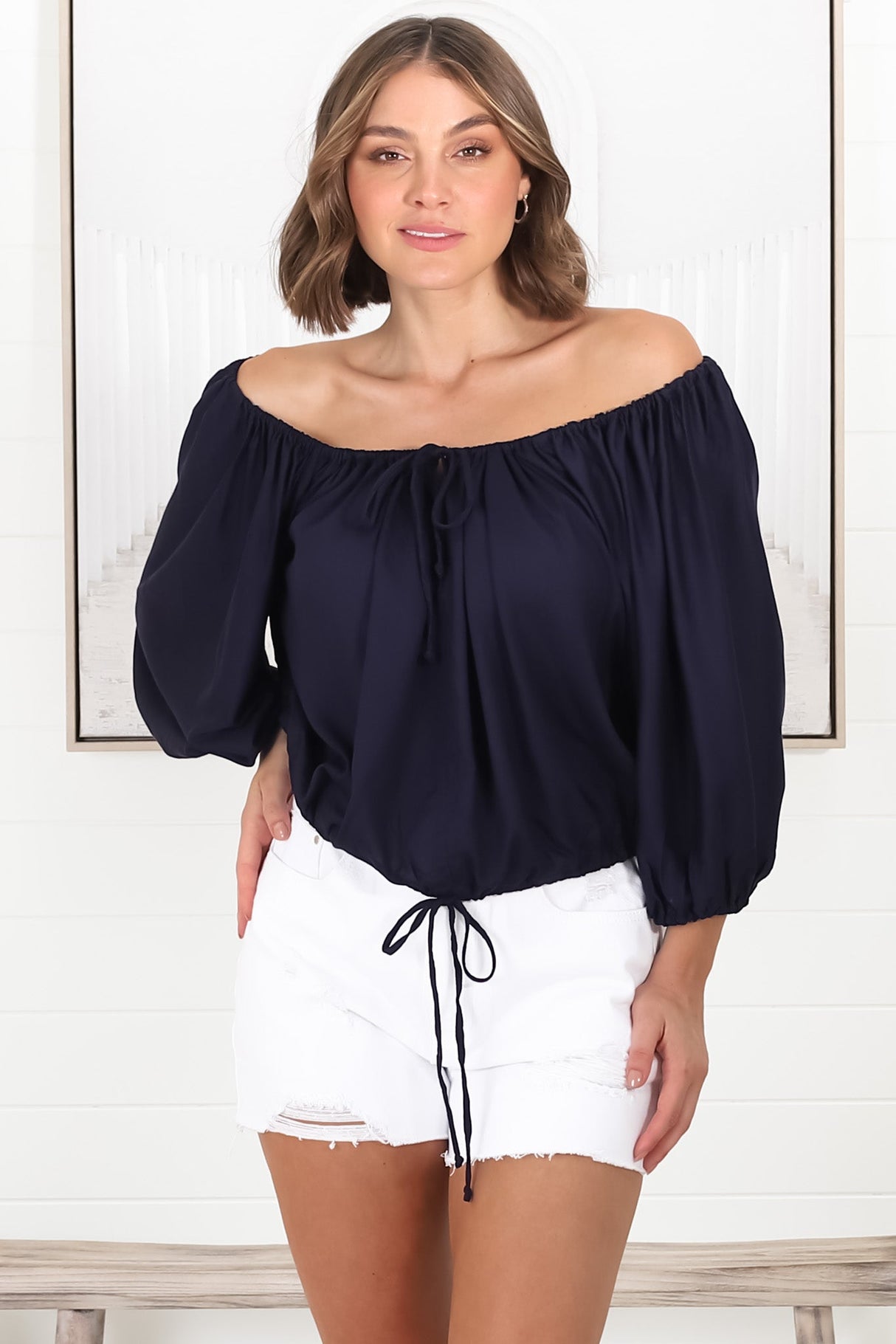 Thelma Top - Multiway Wear Pull In Neckline and Hemline Top in Navy