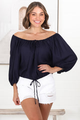 Thelma Top - Multiway Wear Pull In Neckline and Hemline Top in Navy