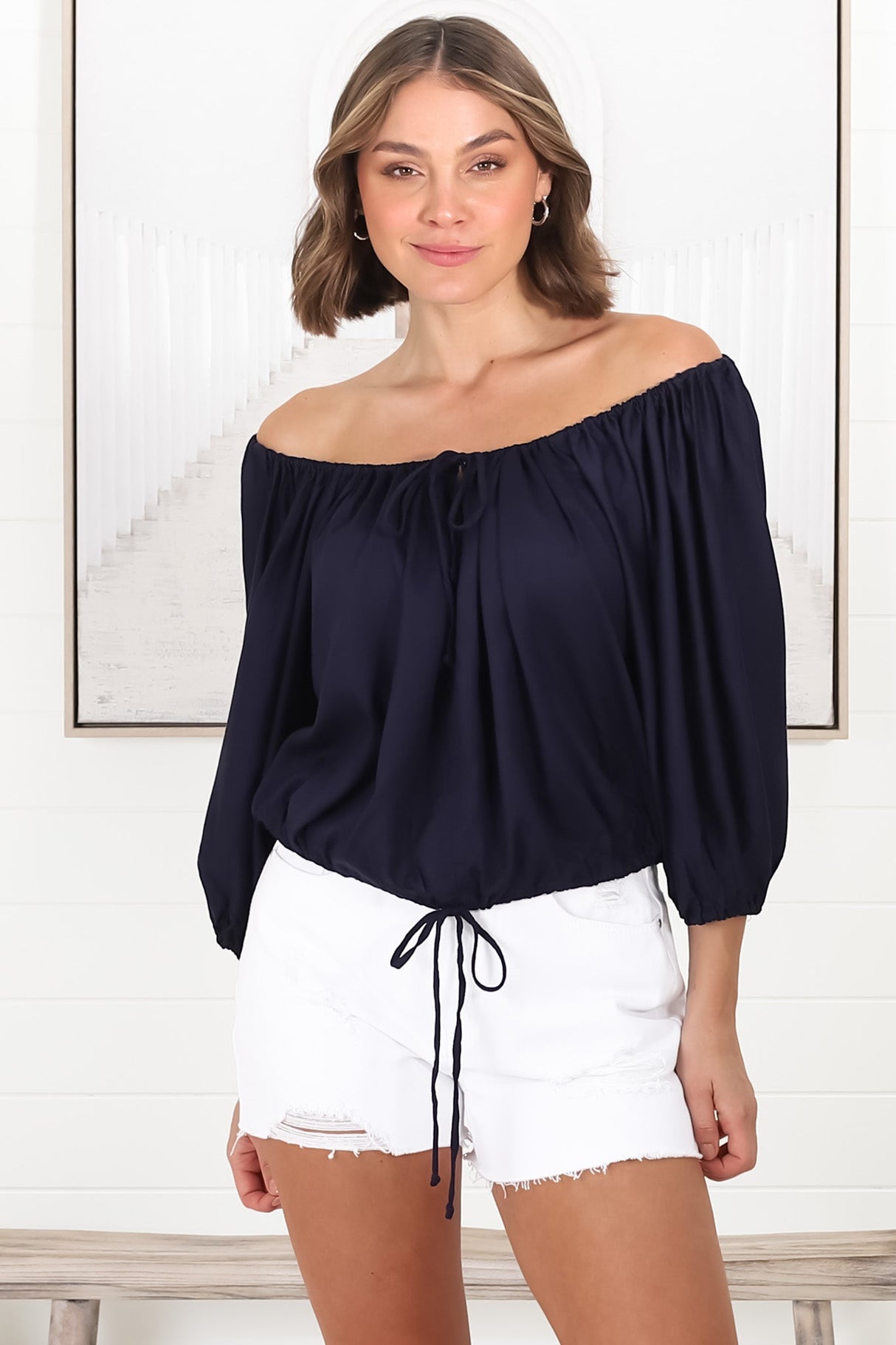 Thelma Top - Multiway Wear Pull In Neckline and Hemline Top in Navy