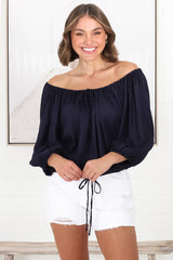 Thelma Top - Multiway Wear Pull In Neckline and Hemline Top in Navy