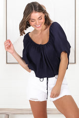 Thelma Top - Multiway Wear Pull In Neckline and Hemline Top in Navy