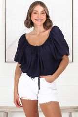 Thelma Top - Multiway Wear Pull In Neckline and Hemline Top in Navy