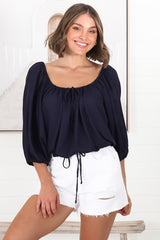 Thelma Top - Multiway Wear Pull In Neckline and Hemline Top in Navy