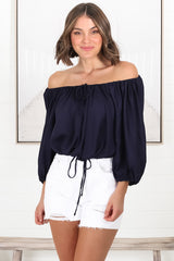 Thelma Top - Multiway Wear Pull In Neckline and Hemline Top in Navy