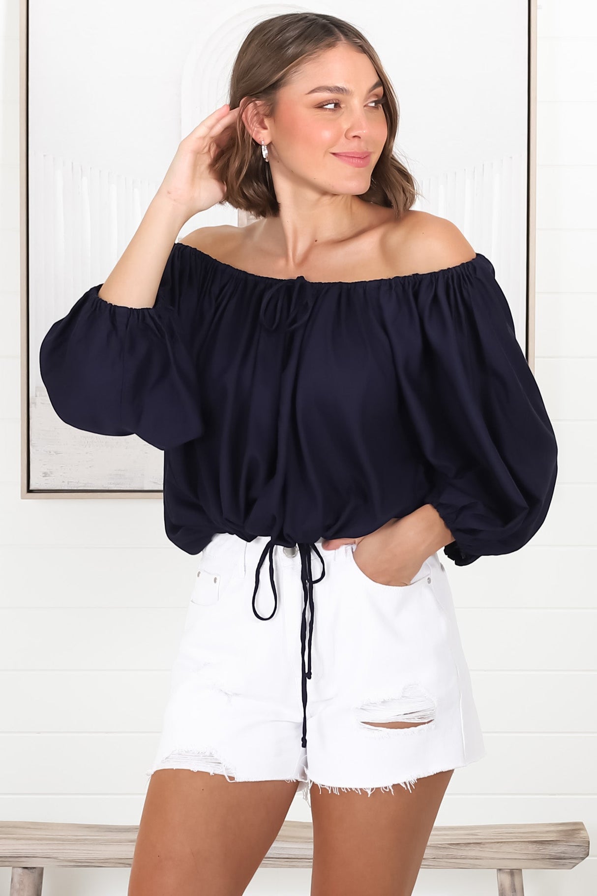 Thelma Top - Multiway Wear Pull In Neckline and Hemline Top in Navy