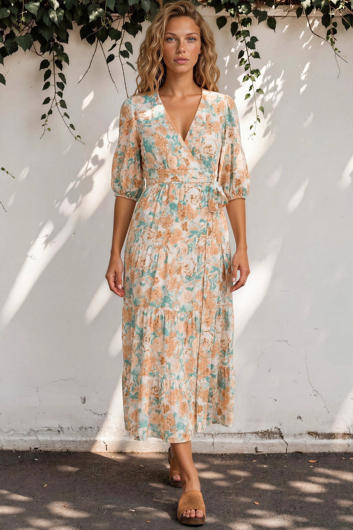 Woman wearing a floral dress standing against a white wall with greenery.