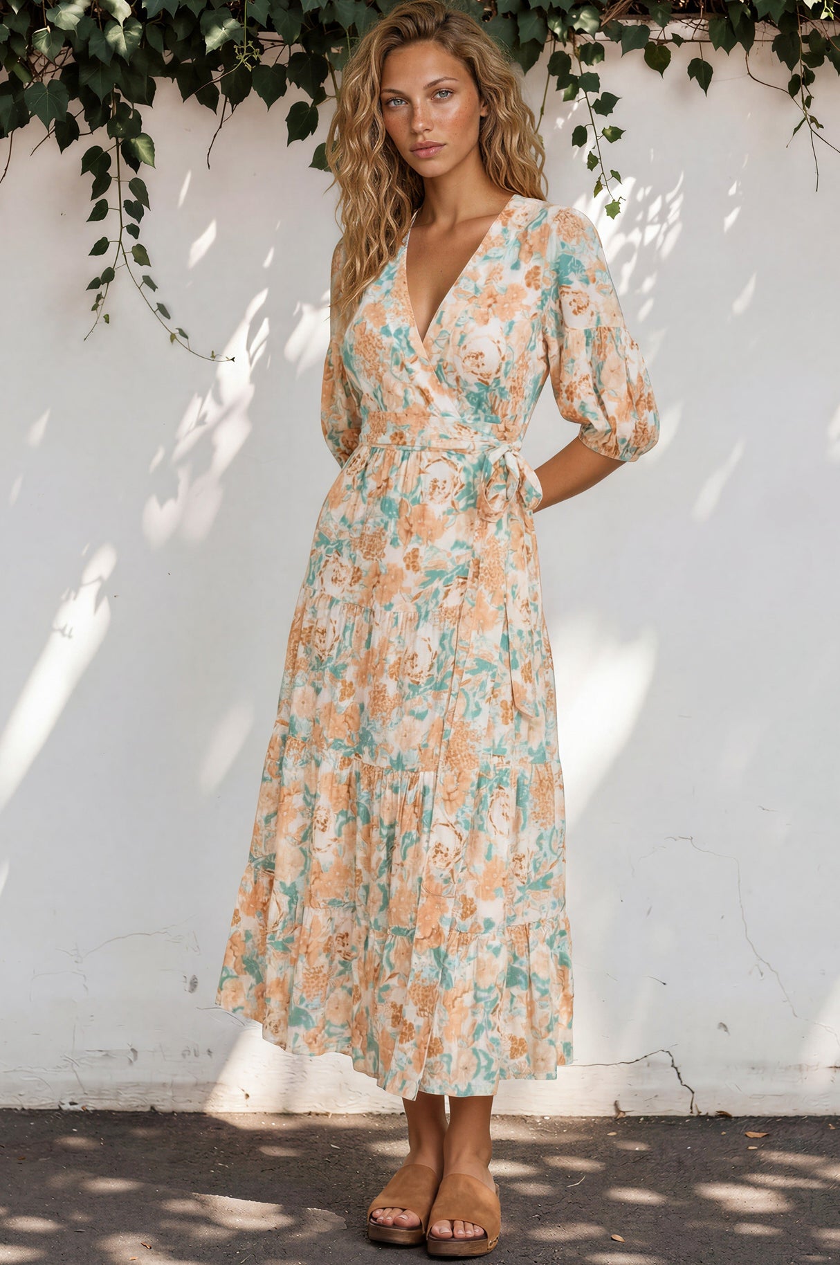 Woman wearing a floral dress against a white wall with greenery.