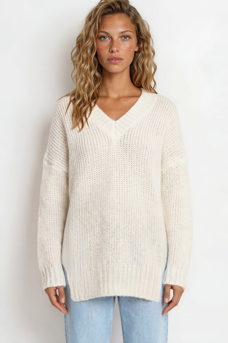 Model wearing Thorne Jumper in Cream from Salty Crush