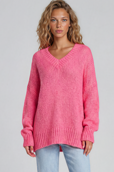 Model wearing Thorne Jumper in Hot Pink from Salty Crush
