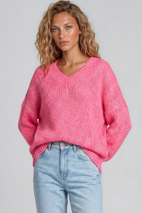 Model wearing Thorne Jumper in Hot Pink from Salty Crush