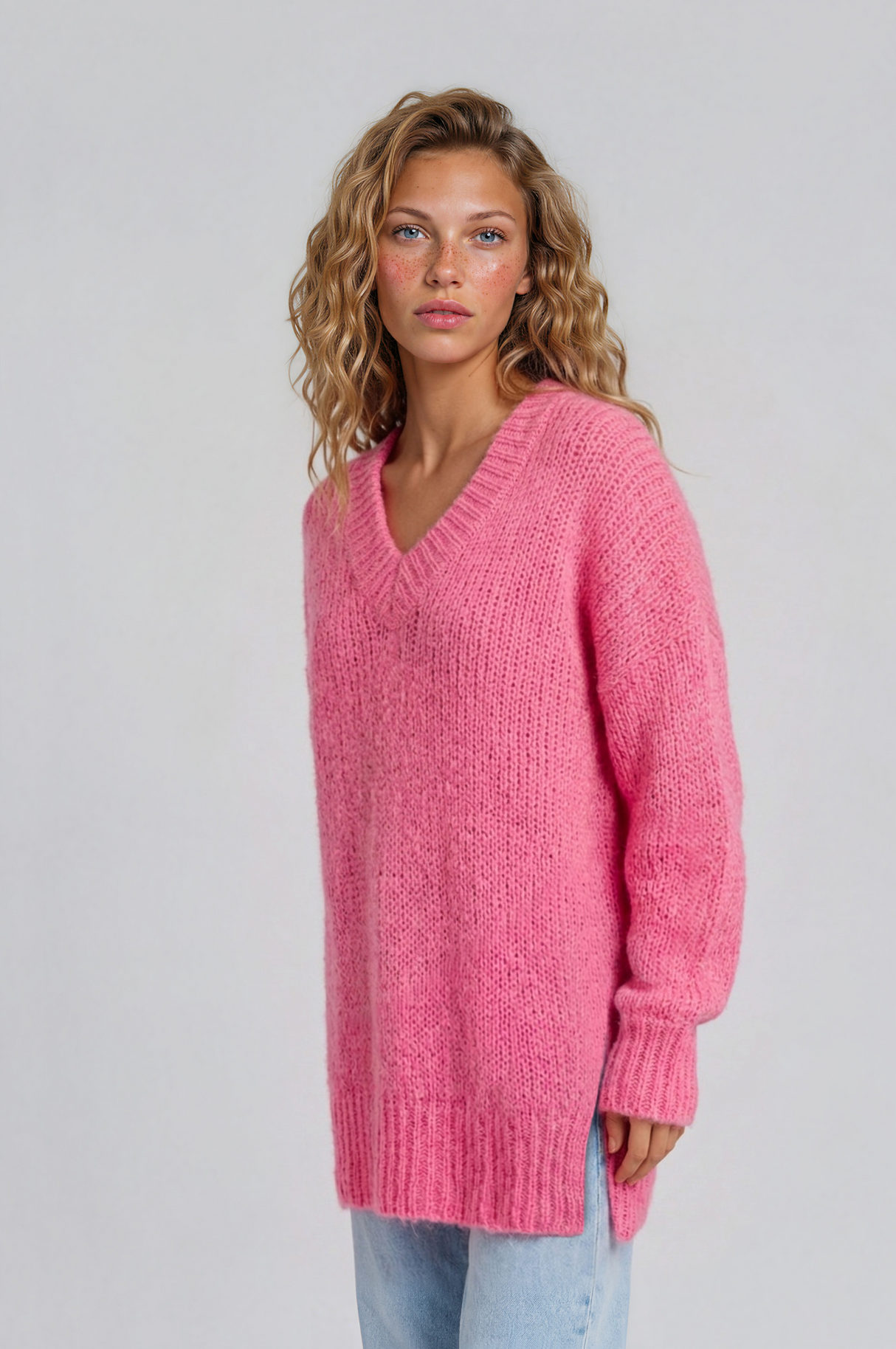 Model wearing Thorne Jumper in Hot Pink from Salty Crush